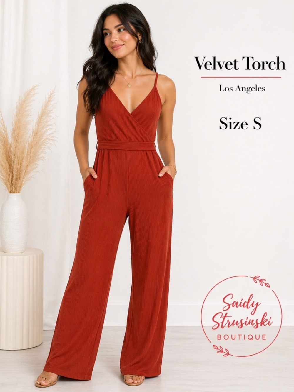 Velvet Torch Ribbed Jumpsuit Rust Red Size S Wide Leg Wrap Front Sleeveless